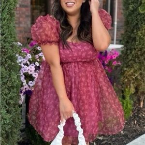 Altar’d State Puff Sleeve Floral Mesh Dress – Burgundy – Size M – Used Like New